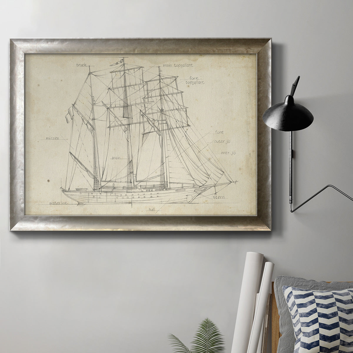 Sailboat Blueprint I - Ornate Framed Canvas Print