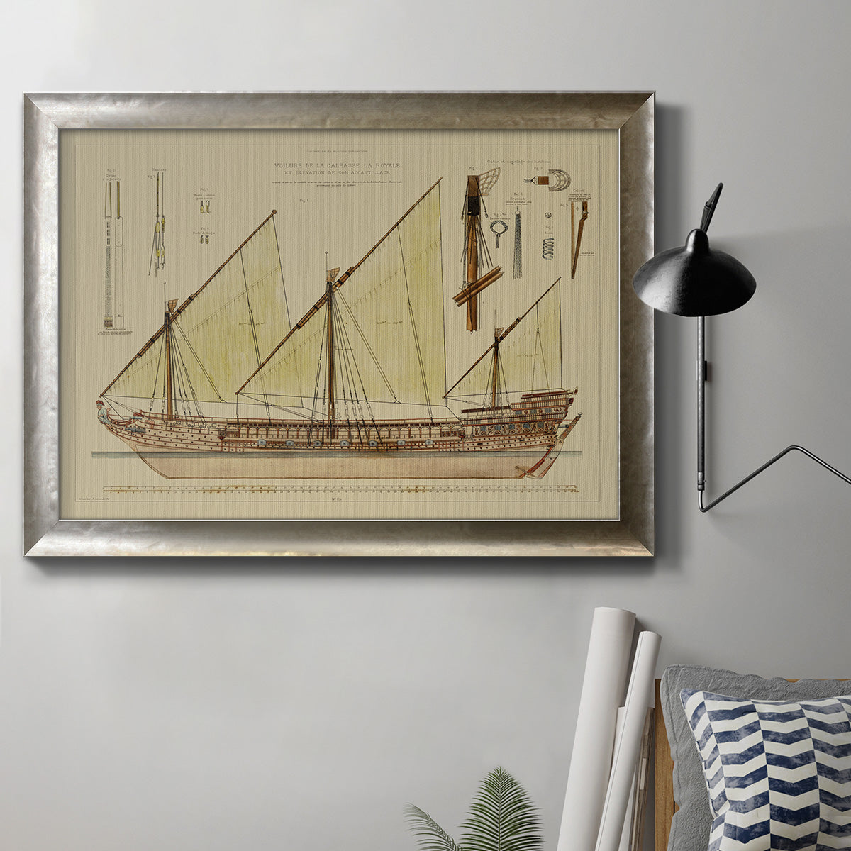 Antique Ship Plan VI - Ornate Framed Canvas Print