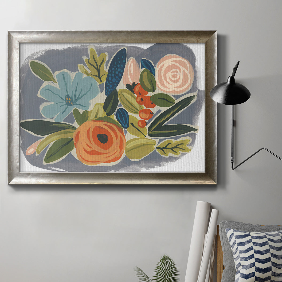 Bold modern botanical illustration in an ornate mottled silver frame displayed in a neutral interior setting.