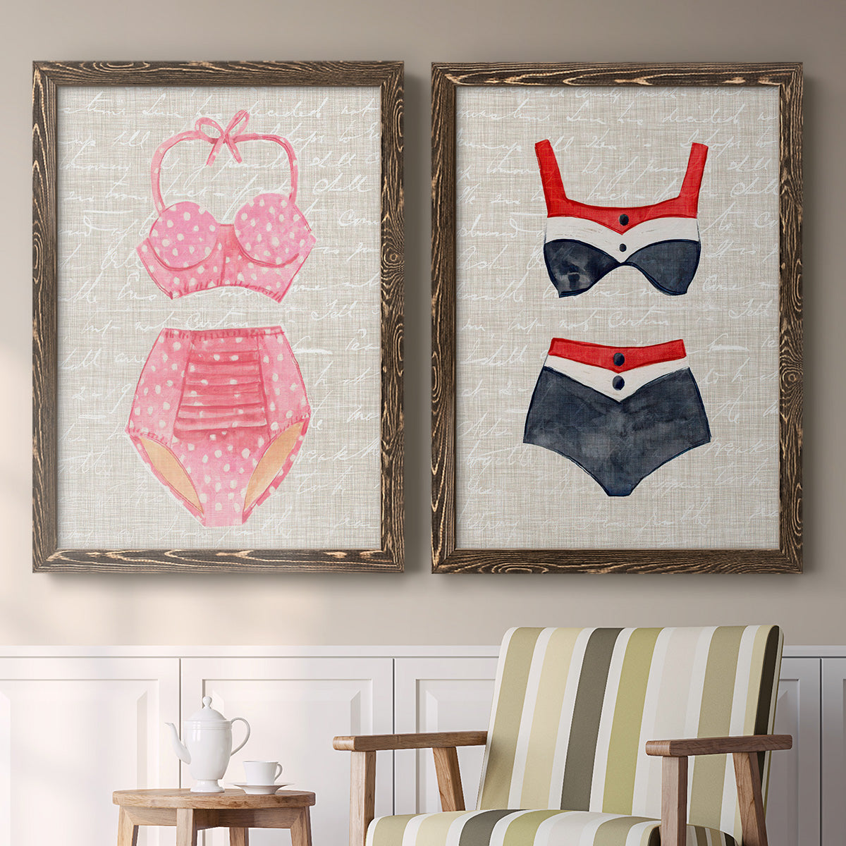 Set of two walnut barnwood framed canvas prints depicting two vintage fashion illustrations featuring retro two-piece swimsuits displayed on textured linen grounds above a sideboard in a cozy sitting room.