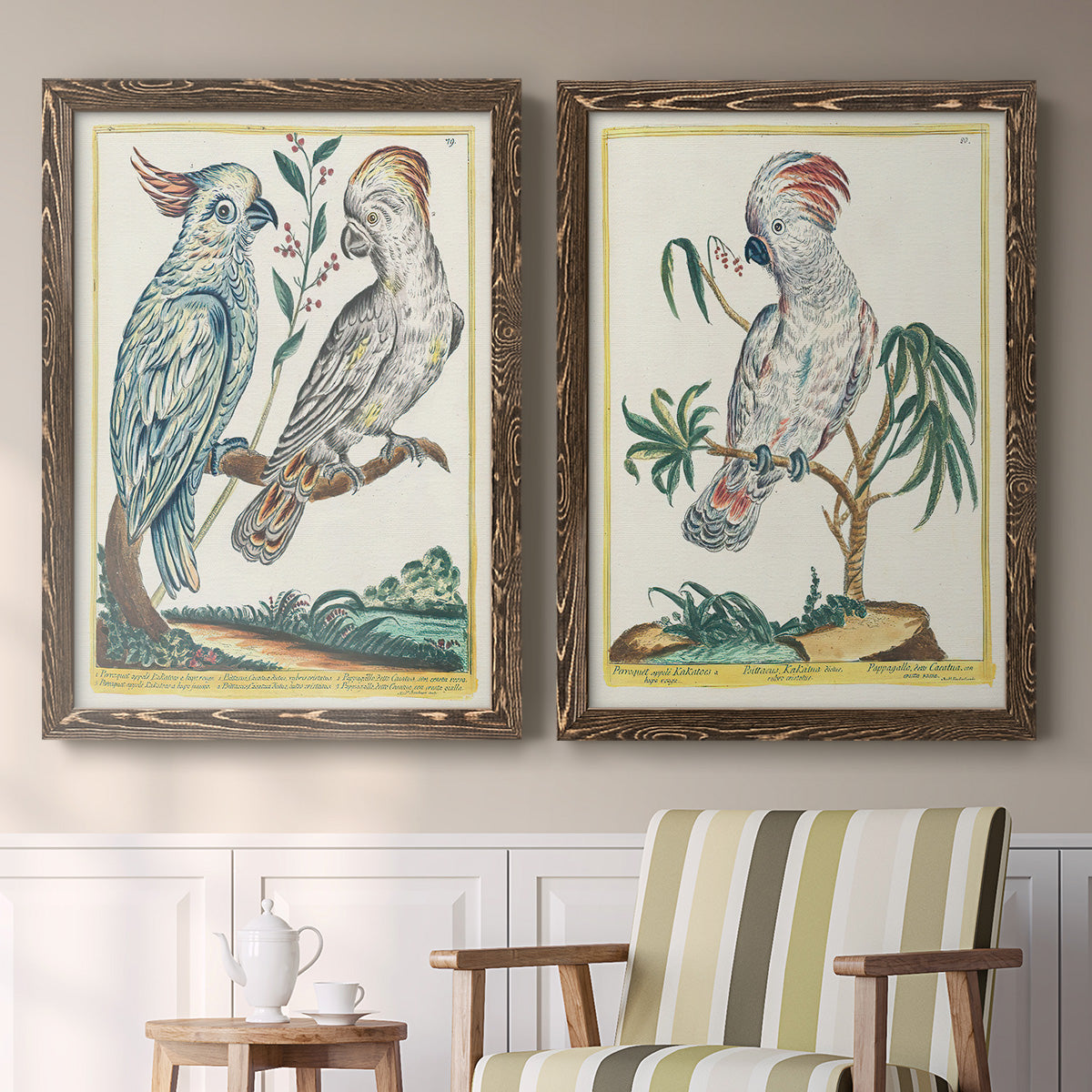 Set of two walnut barnwood framed canvas prints depicting two atmospheric abstract paintings featuring misty blue gray and violet marks hovering across pale grounds above a sideboard in a cozy sitting room.