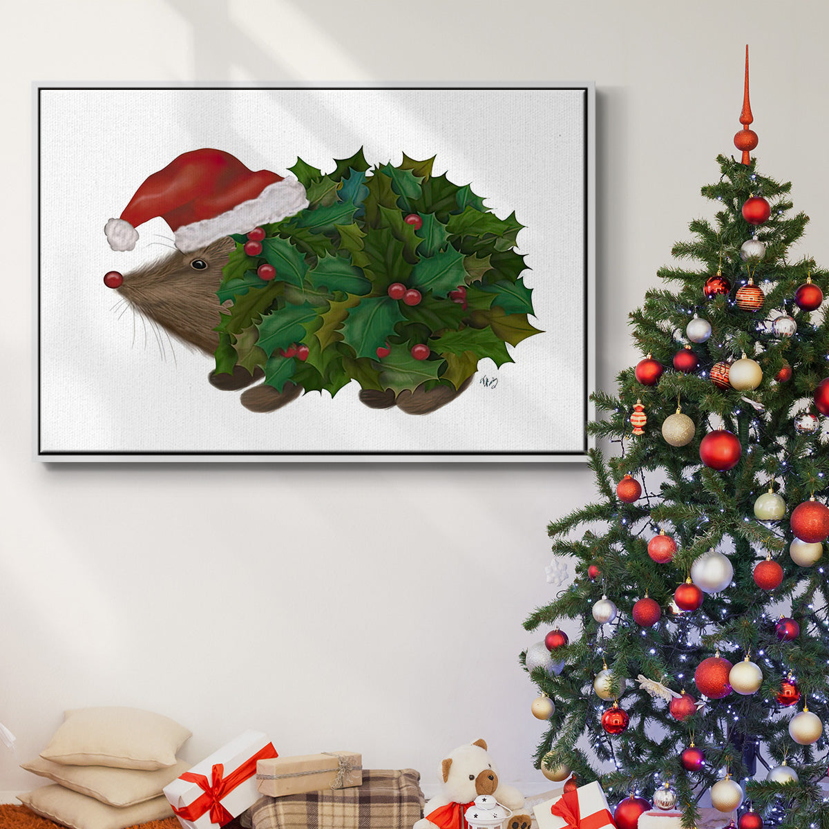 Christmas Holly Hedgehog - Floater Framed Canvas Print