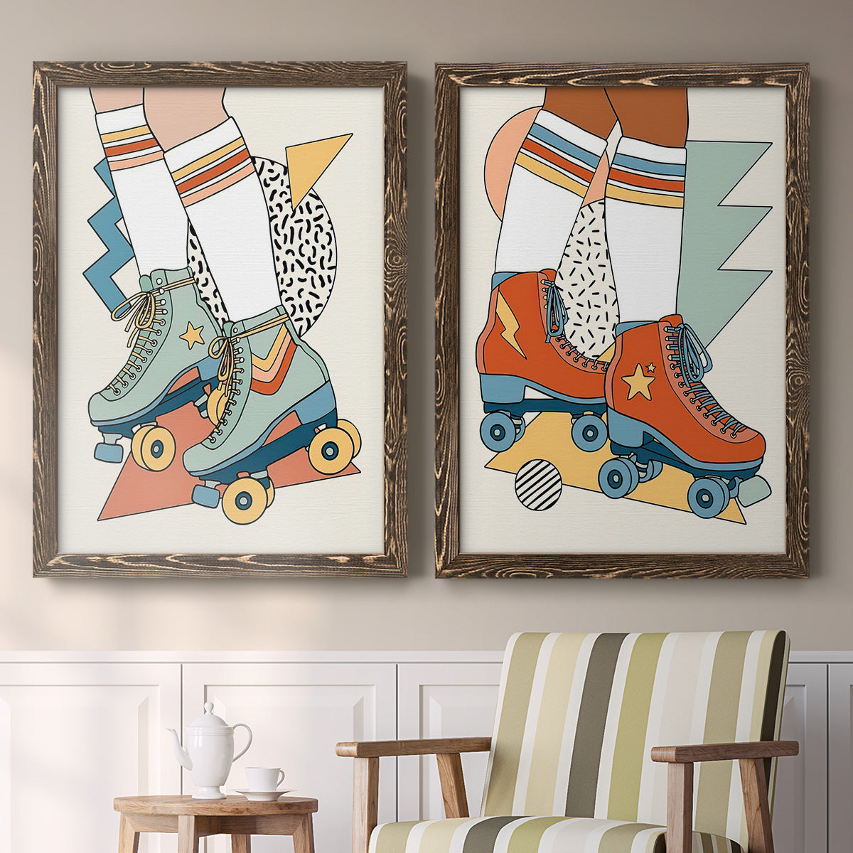 Set of two walnut barnwood framed canvas prints depicting two playful fashion illustrations featuring colorful retro roller skates and patterned socks above a sideboard in a cozy sitting room.