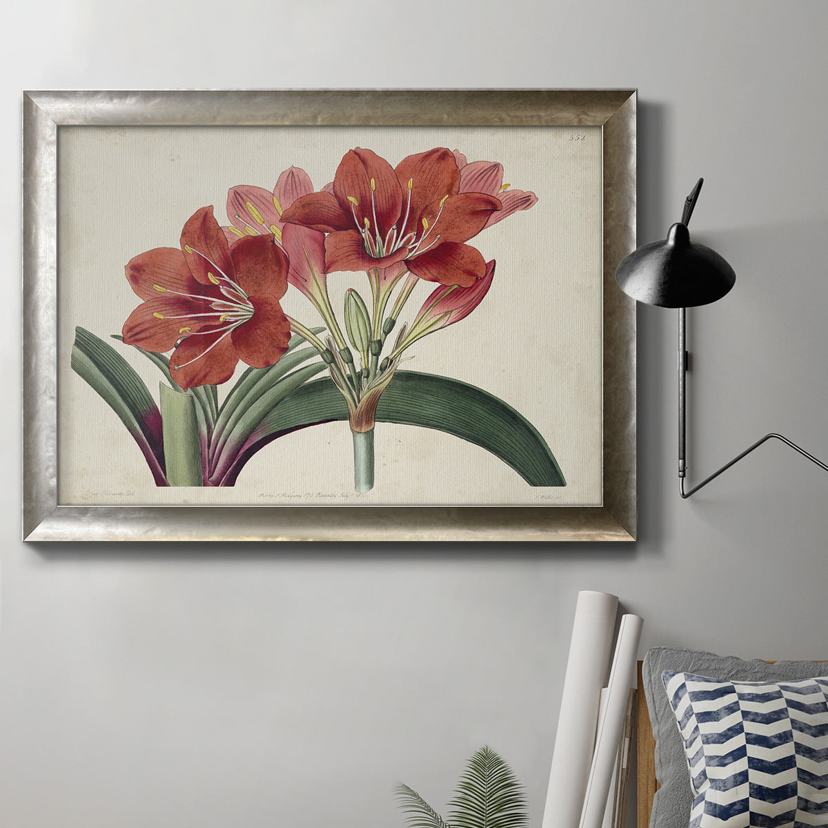 Vintage amaryllis botanical illustration in an ornate mottled silver frame displayed in a neutral interior setting.