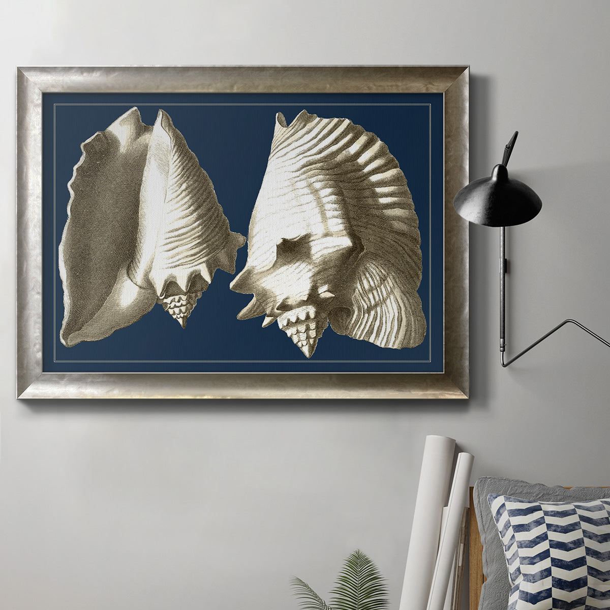Vintage conch shell illustration on navy background in an ornate mottled silver frame displayed in a neutral interior setting.