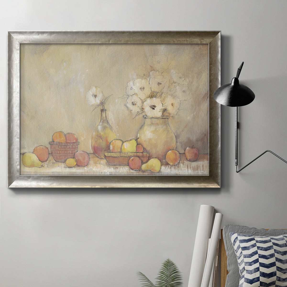 Minimalist floral still life artwork in an ornate mottled silver frame displayed in a neutral interior setting.