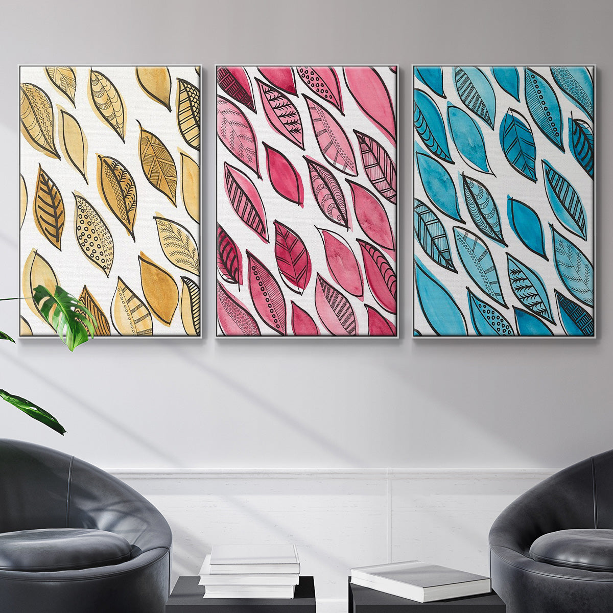 Patterned Leaf Shapes I - Floater Framed Canvas Set