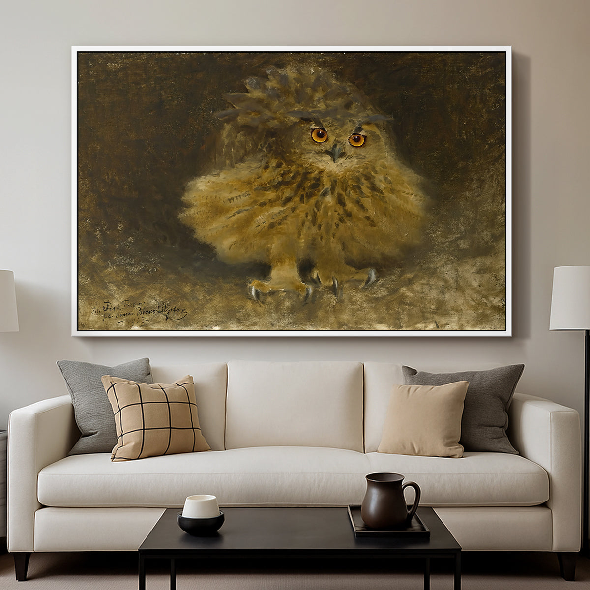 An Eagle Owl (Berguv), 1905 by Bruno Liljefors displayed in a white floater framed canvas above a sofa in a clean living room.