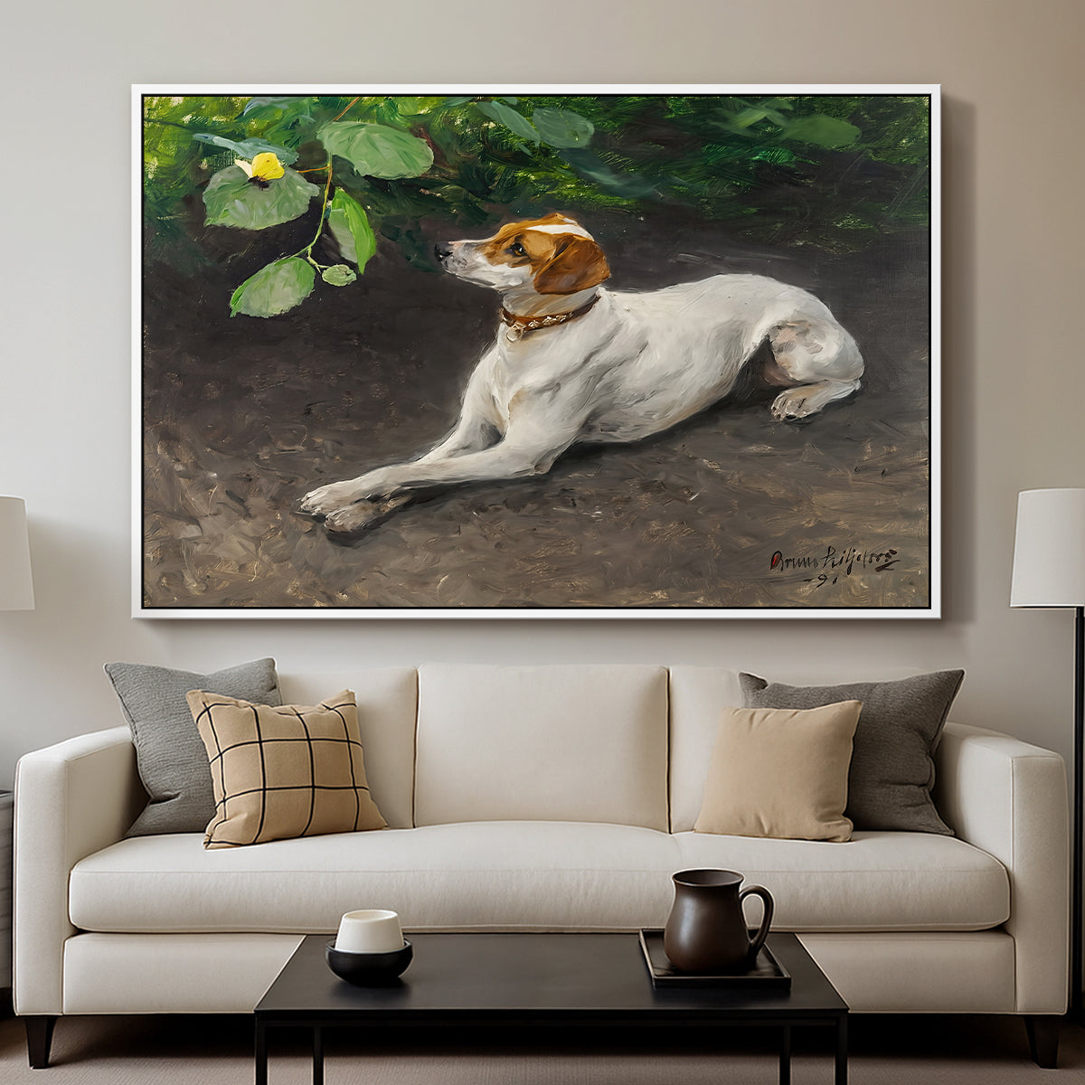 Portrait of a Dog, 1891 by Bruno Liljefors displayed in a white floater framed canvas above a sofa in a clean living room.