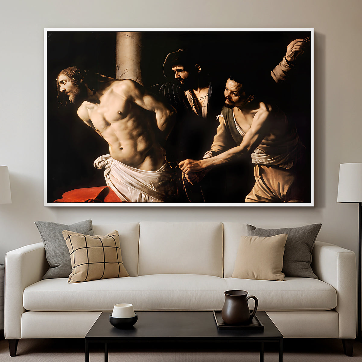The Flagellation of Christ at the Column (Rouen Version), 1606 by Caravaggio displayed in a white floater framed canvas above a sofa in a clean living room.