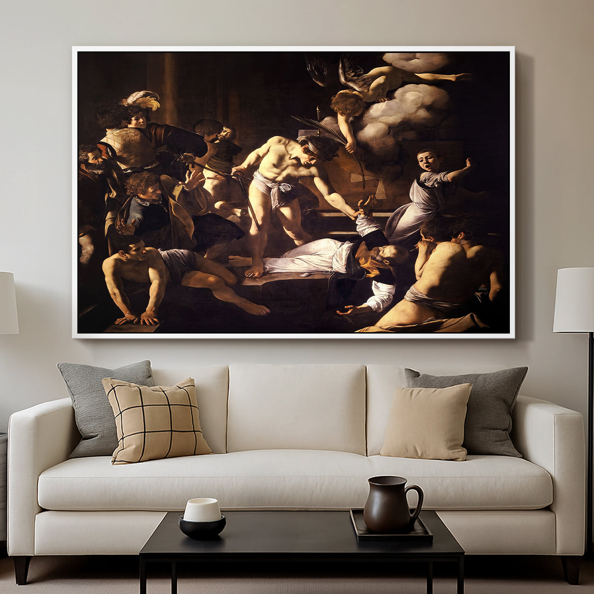 The Martyrdom of Saint Matthew, 1599-1600 by Caravaggio displayed in a white floater framed canvas above a sofa in a clean living room.