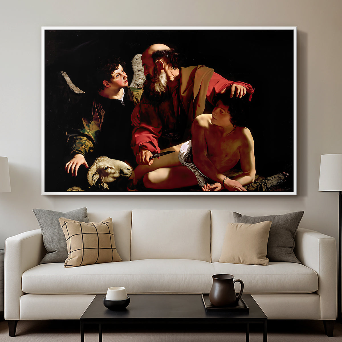 The Sacrifice of Isaac (Uffizi Version), c. 1603 by Caravaggio displayed in a white floater framed canvas above a sofa in a clean living room.