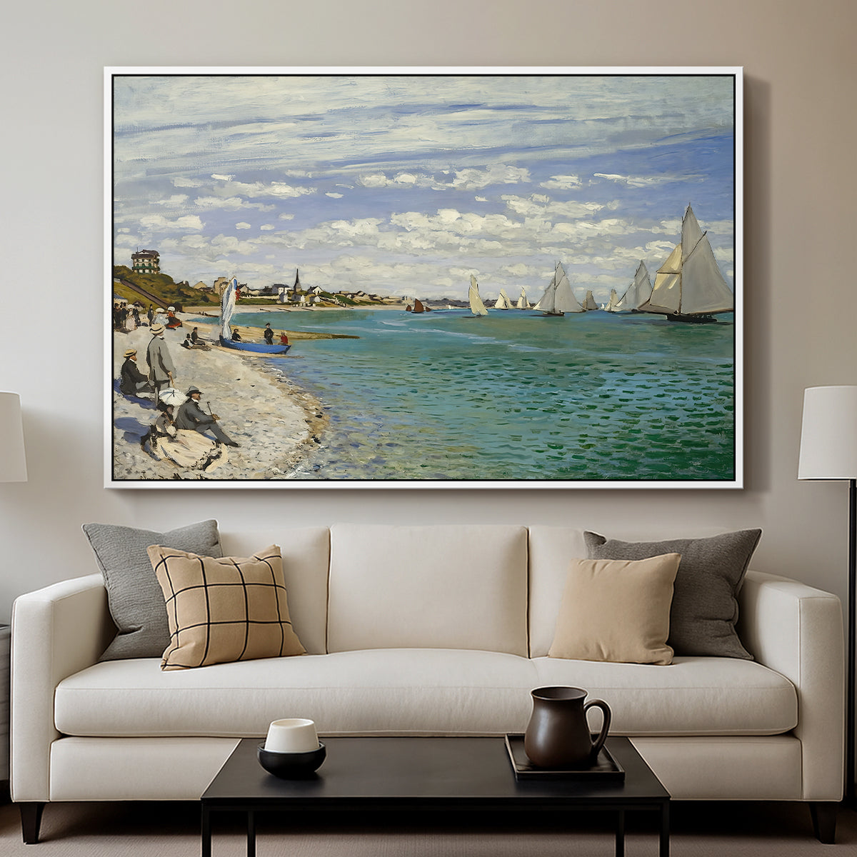 Regatta at Sainte-Adresse, 1867 by Claude Monet displayed in a white floater framed canvas above a sofa in a clean living room.
