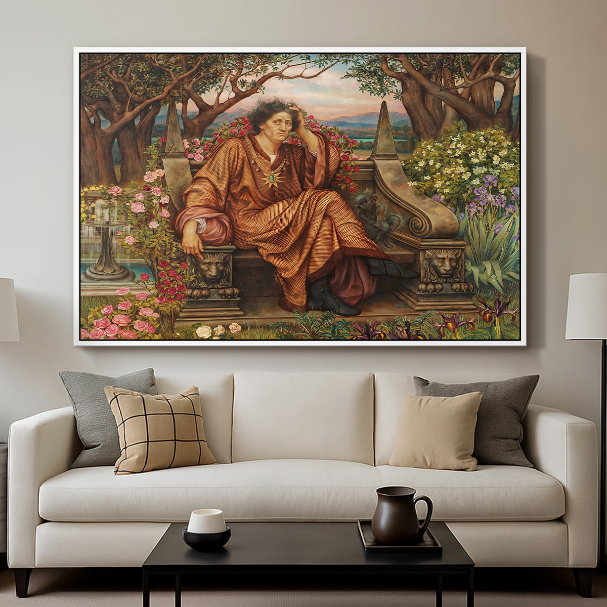 A Soul in Hell, c. 1901-1902 by Evelyn De Morgan displayed in a white floater framed canvas above a sofa in a clean living room.