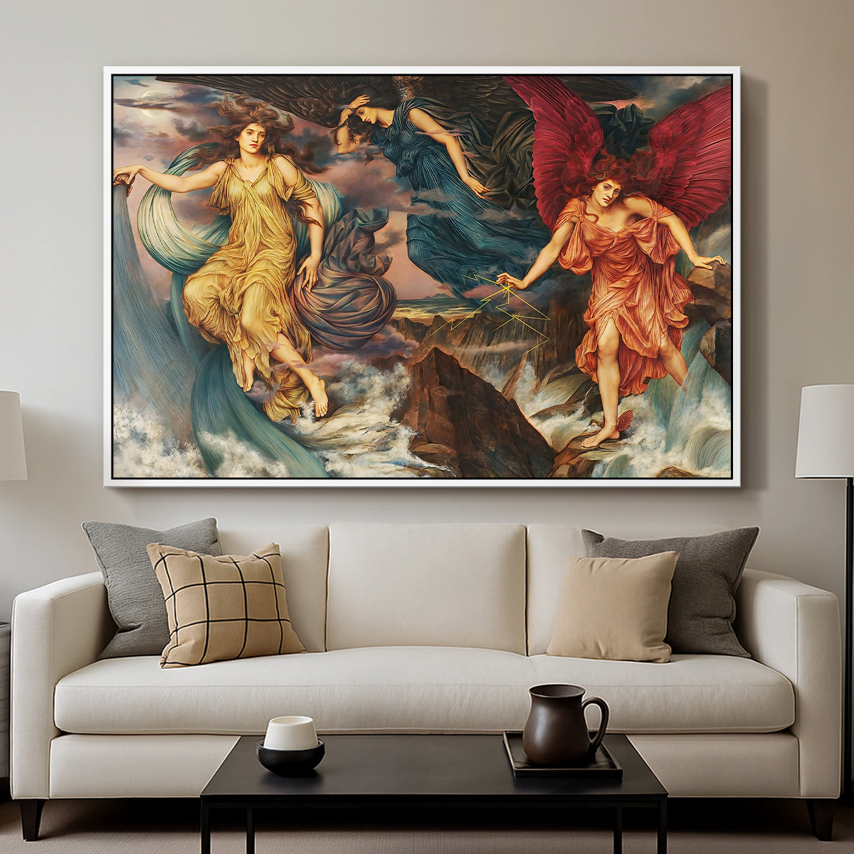 The Storm Spirits, 1900 by Evelyn De Morgan displayed in a white floater framed canvas above a sofa in a clean living room.