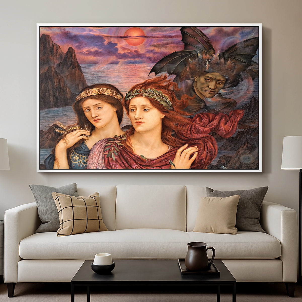 The Vision, 1914 by Evelyn De Morgan displayed in a white floater framed canvas above a sofa in a clean living room.