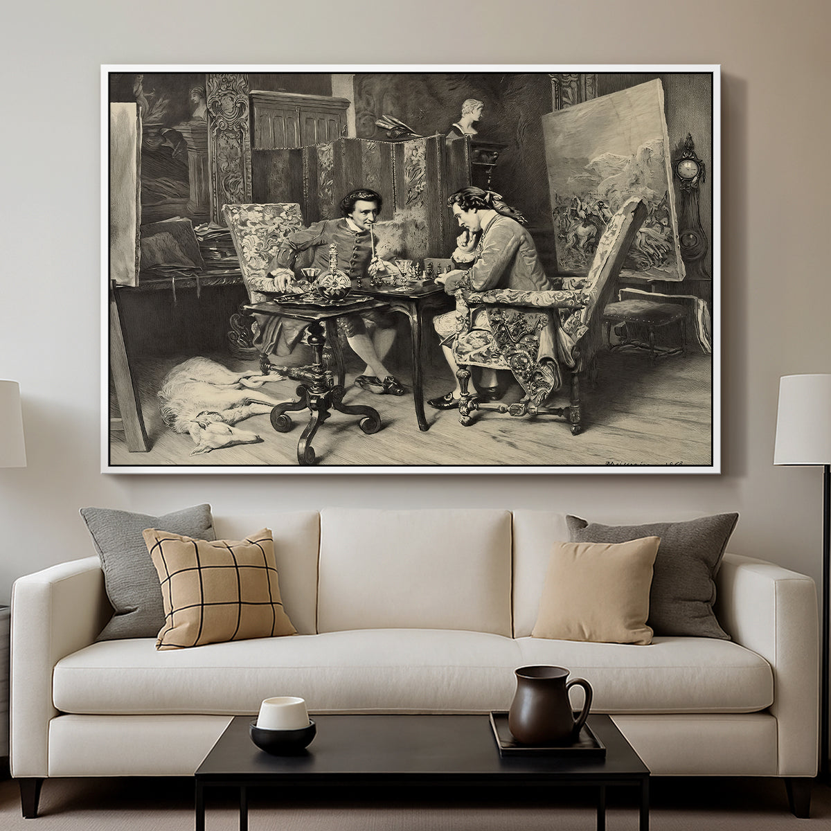 The Chess Players, 1858 by Ernest Meissonier displayed in a white floater framed canvas above a sofa in a clean living room.