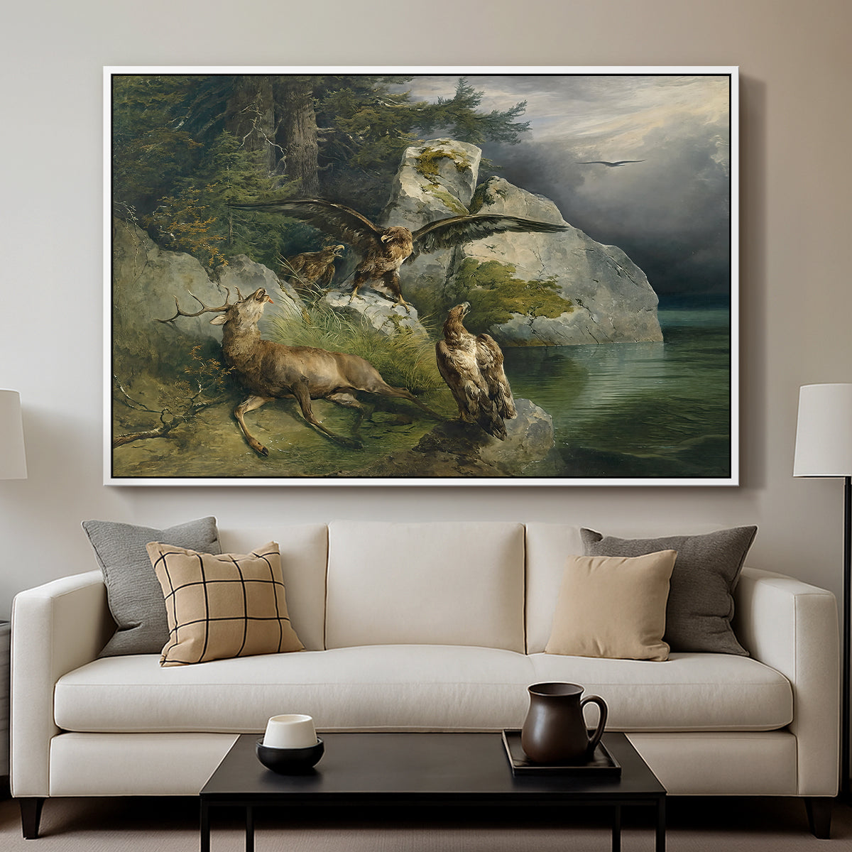 Eagles and Dying Stag on a Lakeshore, 1836 - Floater Framed Canvas Print