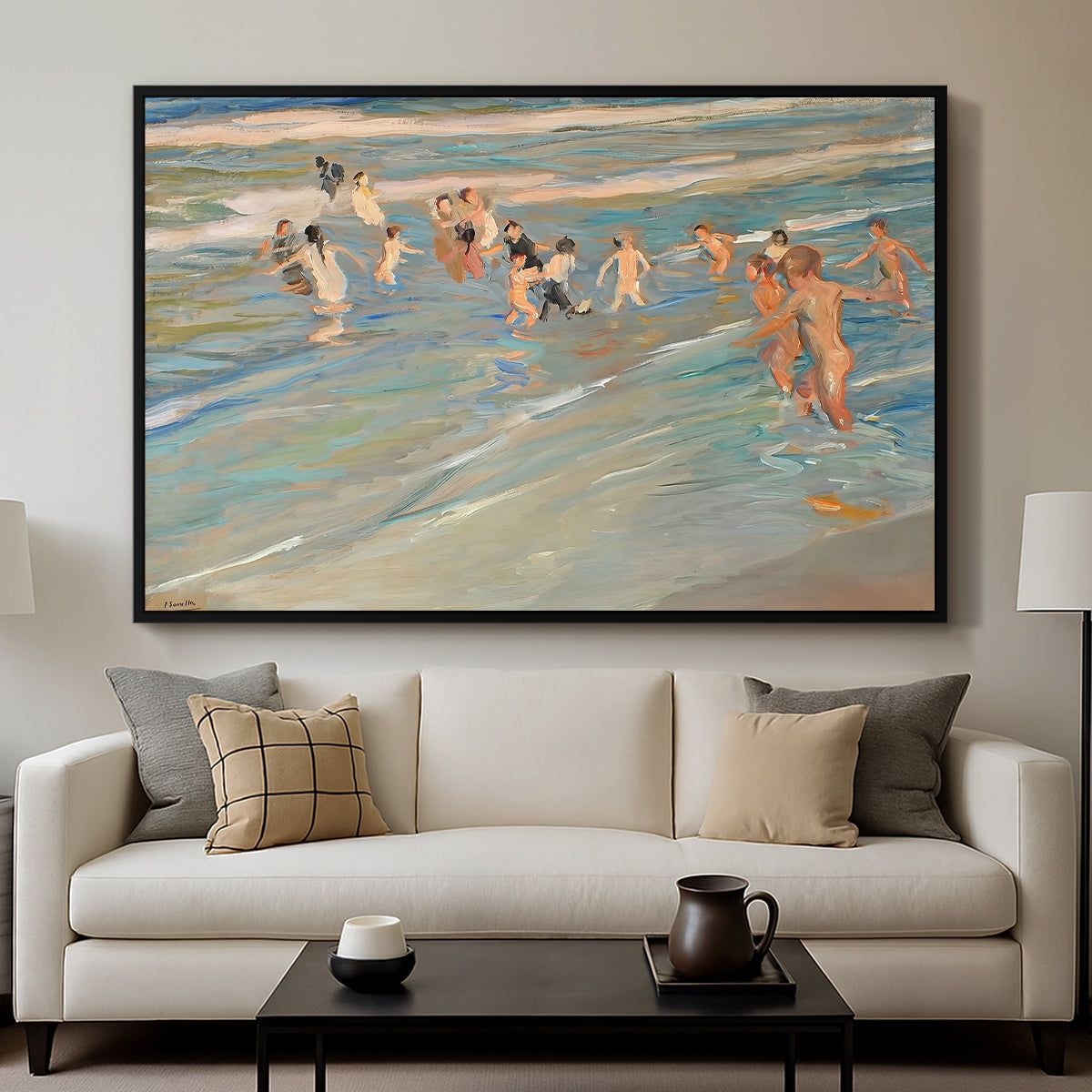 Children Playing on the Beach in Valencia, c. 1908 - Floater Framed Canvas Print