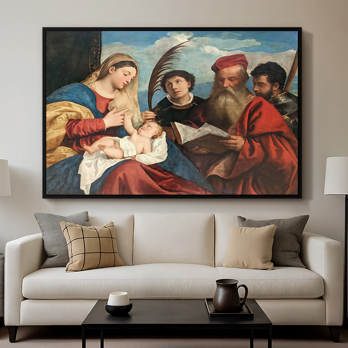 Mary and Child with Saints Stephen, Jerome and Maurice, c. 1510 - Floater Framed Canvas Print