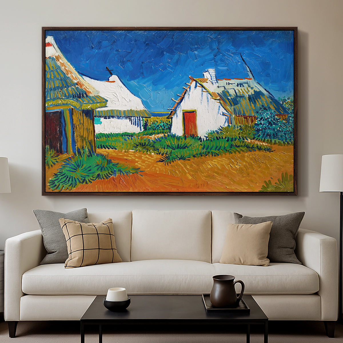 Three White Cottages at Saintes-Maries, 1888 - Floater Framed Canvas Print