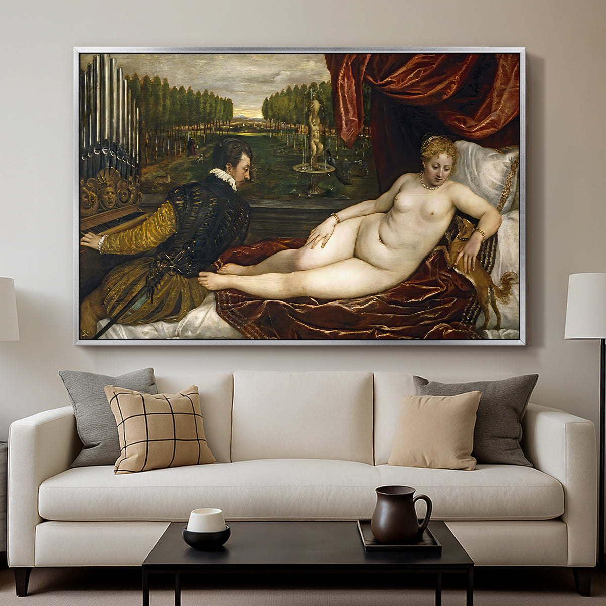 Venus with an Organist and a Dog, c. 1550 - Floater Framed Canvas Print