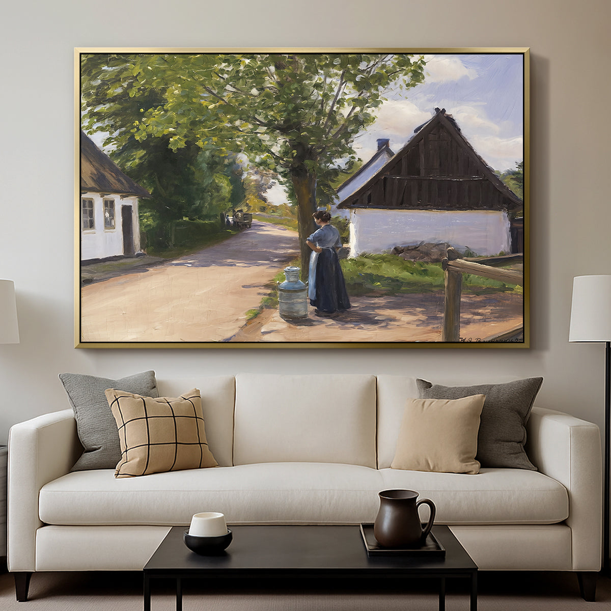 Danish Village Street with Woman and Milkman, 1880 - Floater Framed Canvas Print