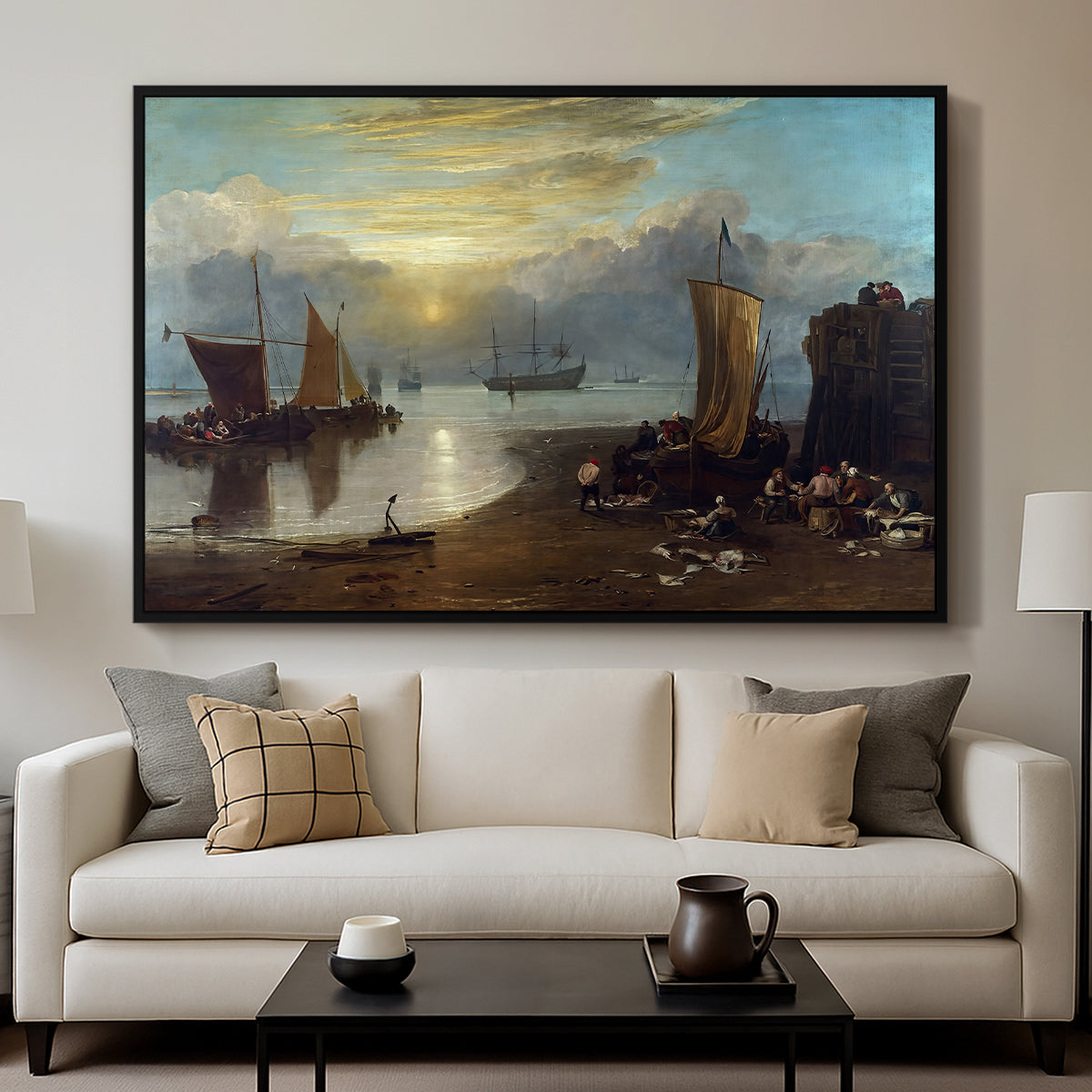 Sun Rising through Vapour: Fishermen Cleaning and Selling Fish, c. 1807 - Floater Framed Canvas Print
