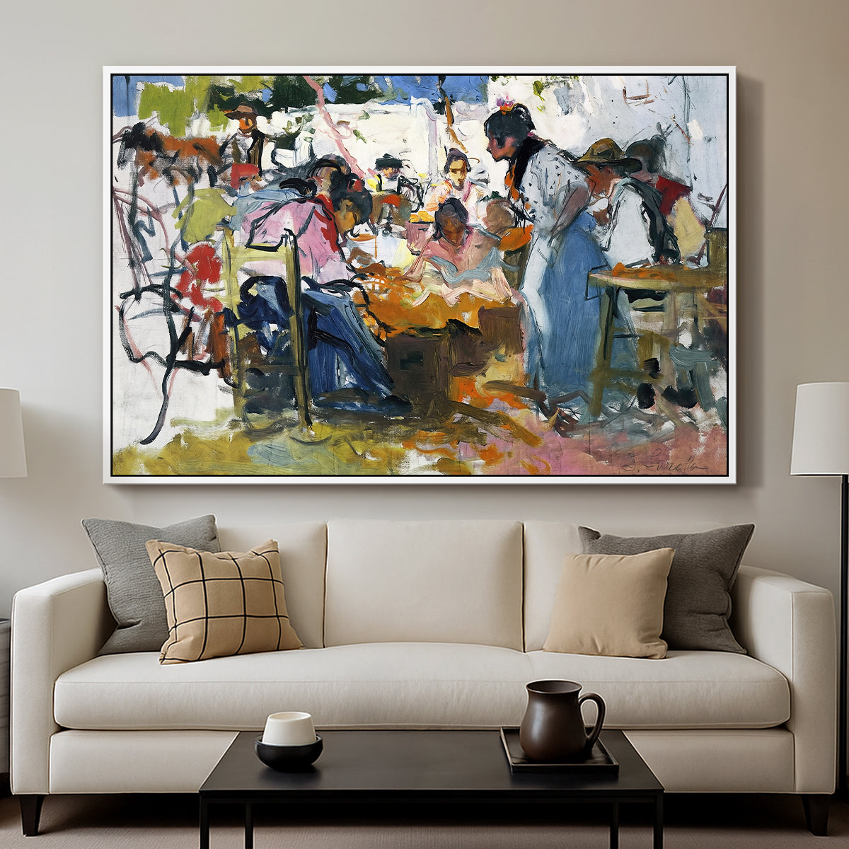 Net Menders in Valencia, 1909 - Floater Framed Canvas Print