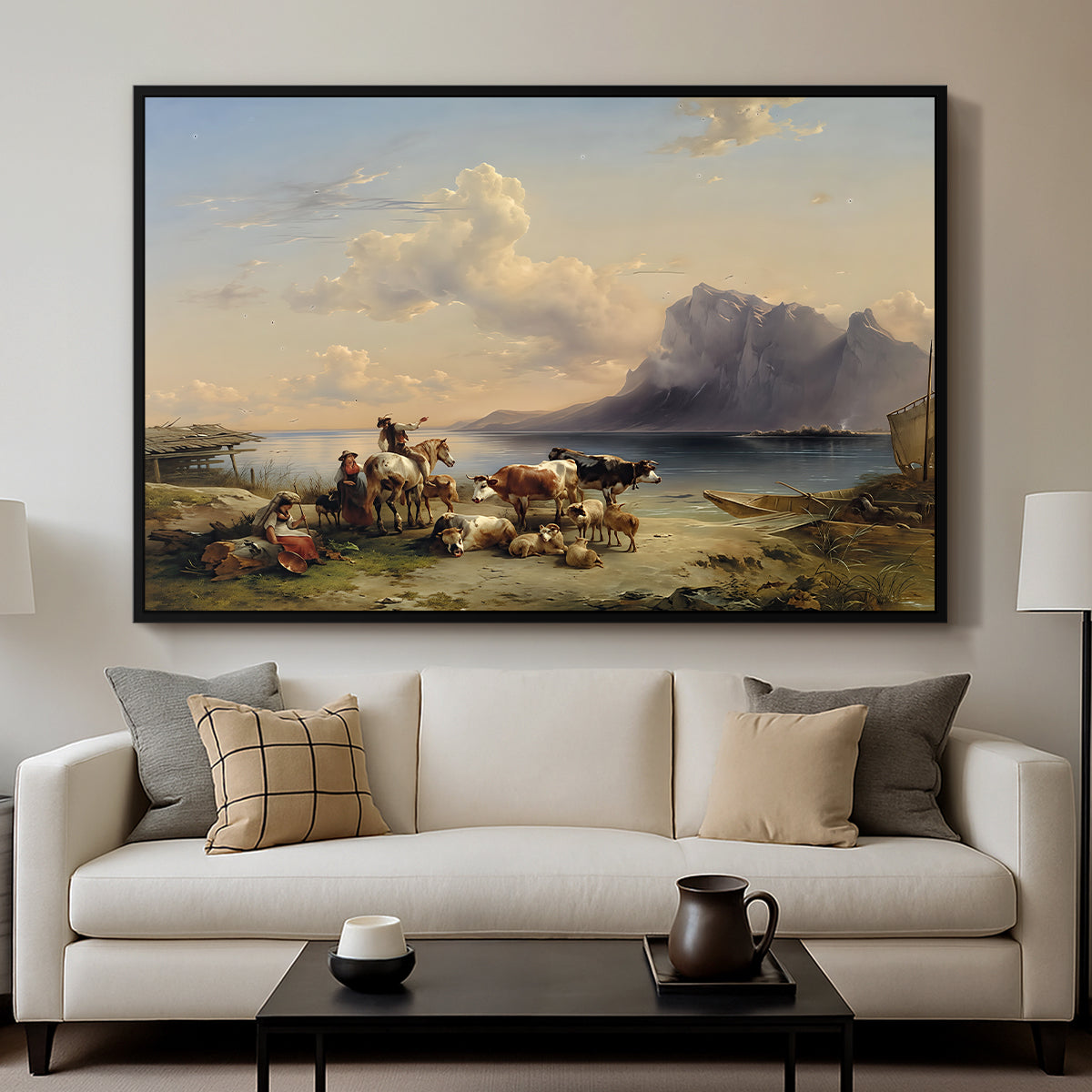 Shepherds and Cattle on Lake Attersee, 1852 - Floater Framed Canvas Print