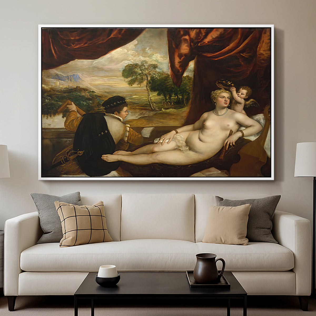 Venus and the Lute Player, c. 1565-1570 - Floater Framed Canvas Print