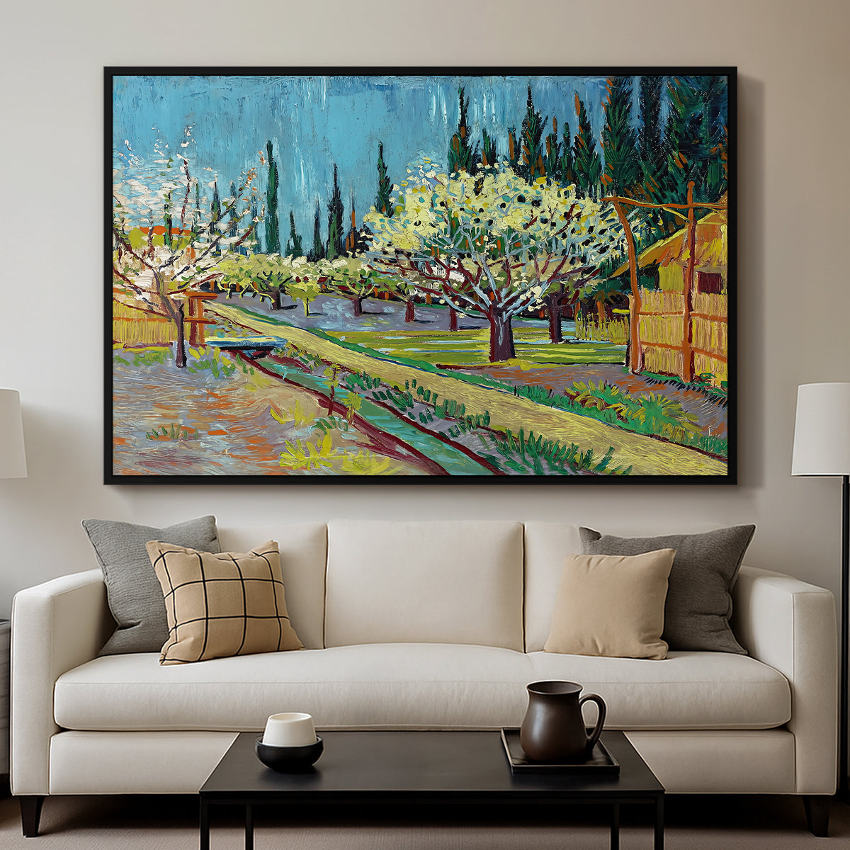 Orchard in Blossom, Bordered by Cypresses, 1888 - Floater Framed Canvas Print