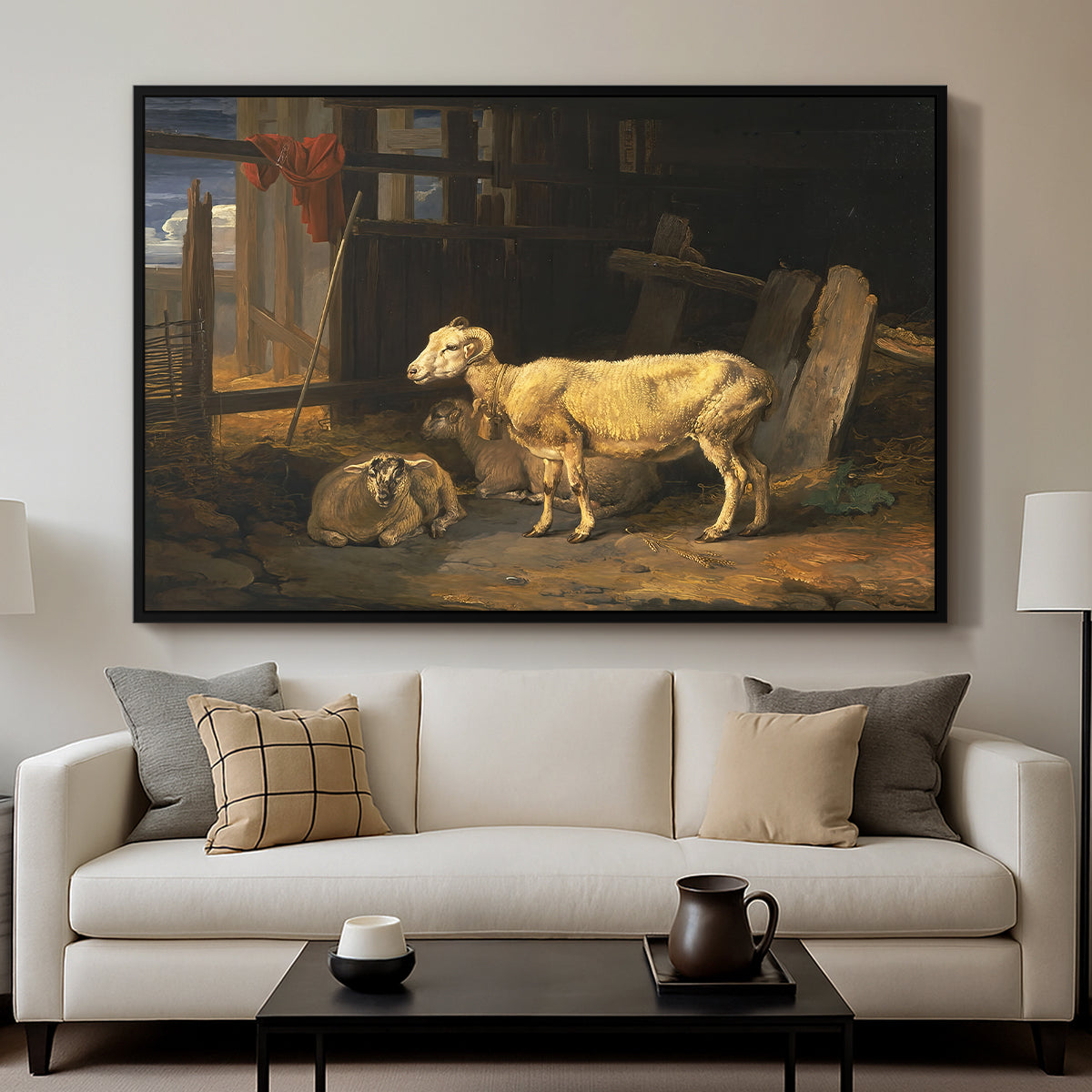 Sheep in a Stable, 1810 - Floater Framed Canvas Print