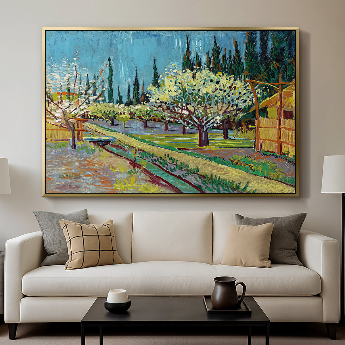Orchard in Blossom, Bordered by Cypresses, 1888 - Floater Framed Canvas Print