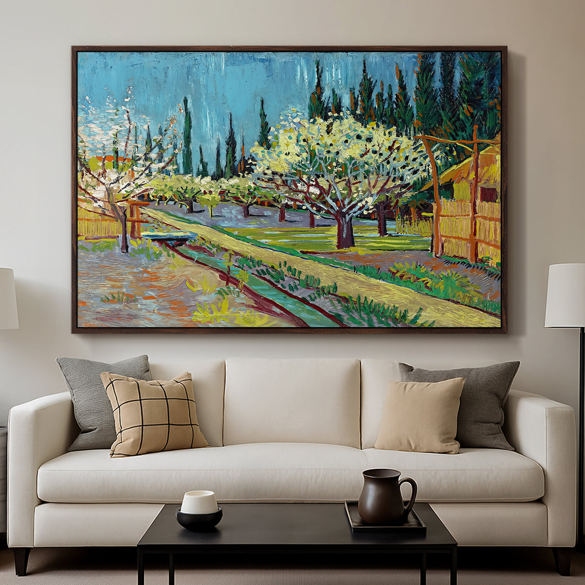 Orchard in Blossom, Bordered by Cypresses, 1888 - Floater Framed Canvas Print