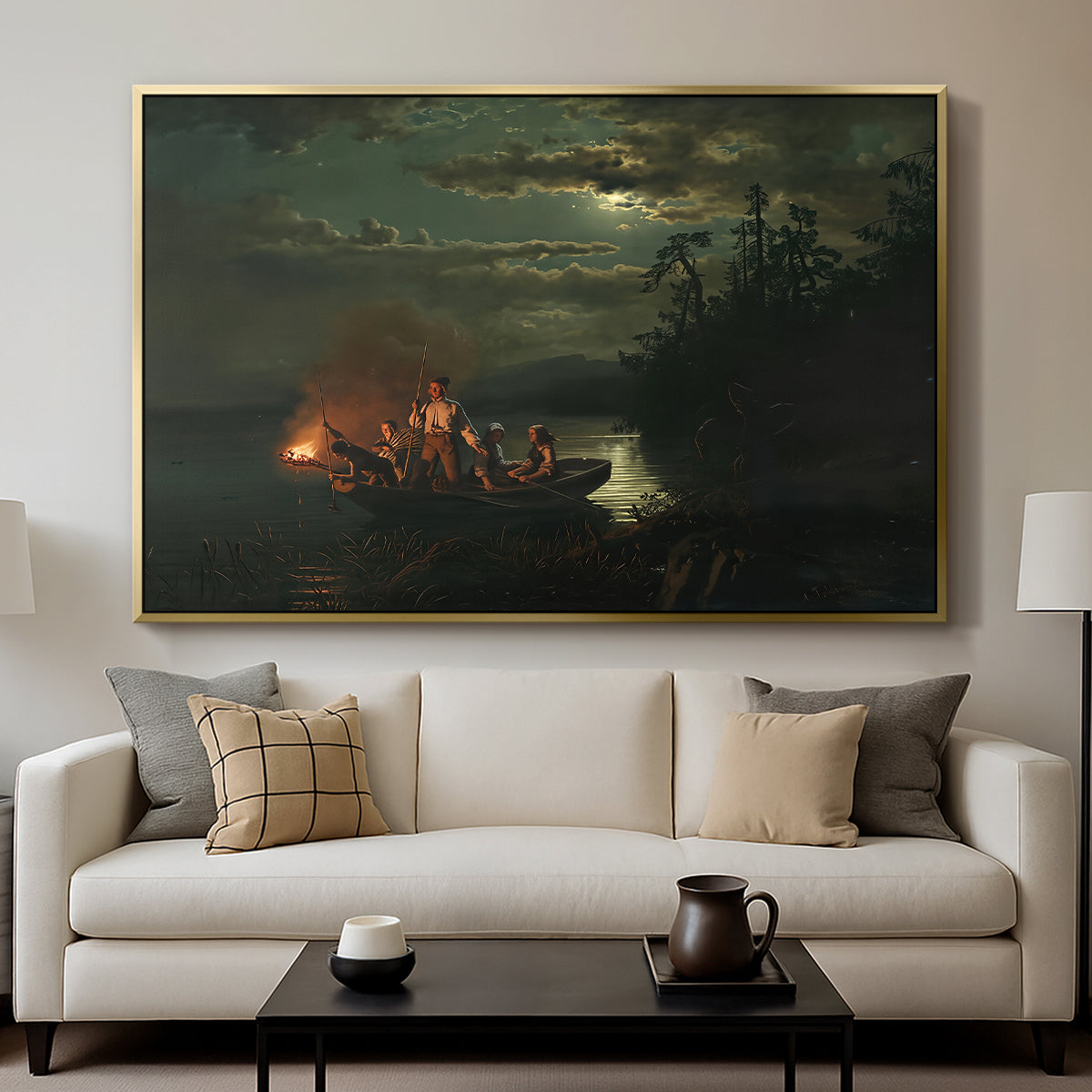 Spear Fishing on Lake Krøderen, 1851 - Floater Framed Canvas Print
