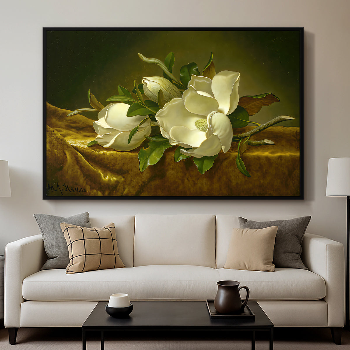 Magnolias on Gold Velvet Cloth, c. 1888-1890 - Floater Framed Canvas Print