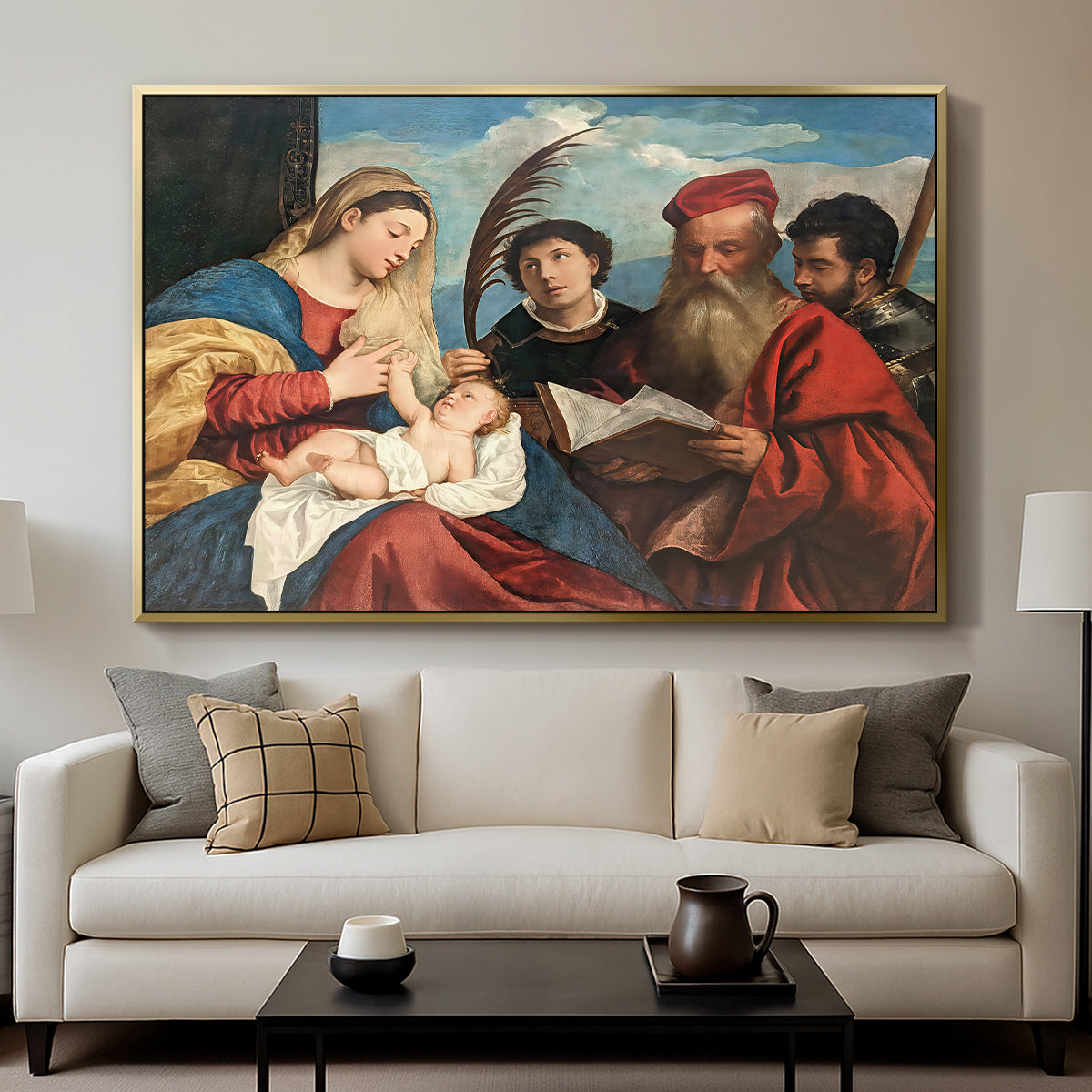 Mary and Child with Saints Stephen, Jerome and Maurice, c. 1510 - Floater Framed Canvas Print