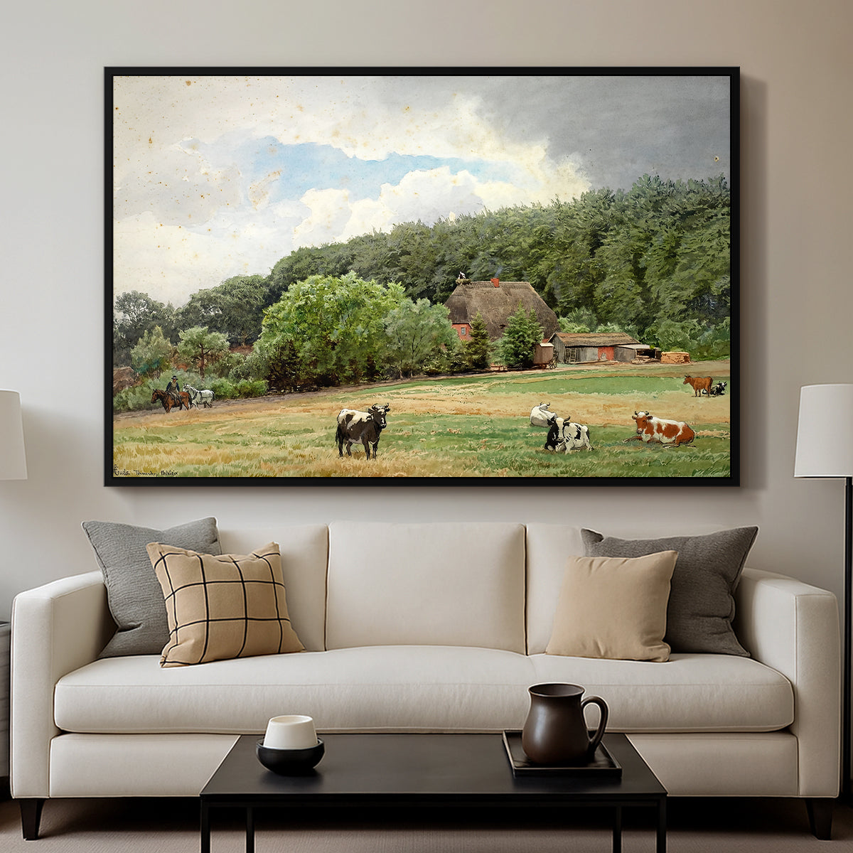Farm with Grazing Cows (Bondegård med beitende kuer), 1892 - Floater Framed Canvas Print