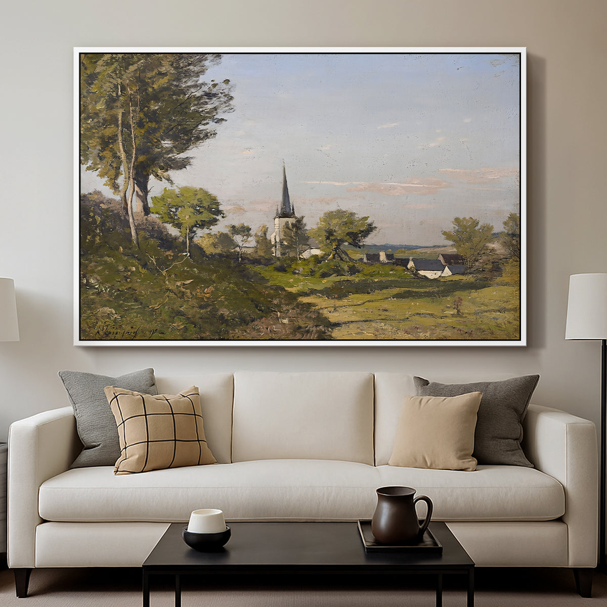 Village Landscape with Church, 1891 - Floater Framed Canvas Print