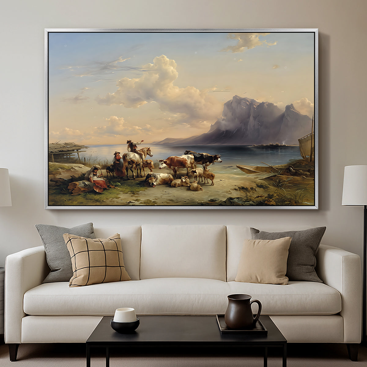 Shepherds and Cattle on Lake Attersee, 1852 - Floater Framed Canvas Print