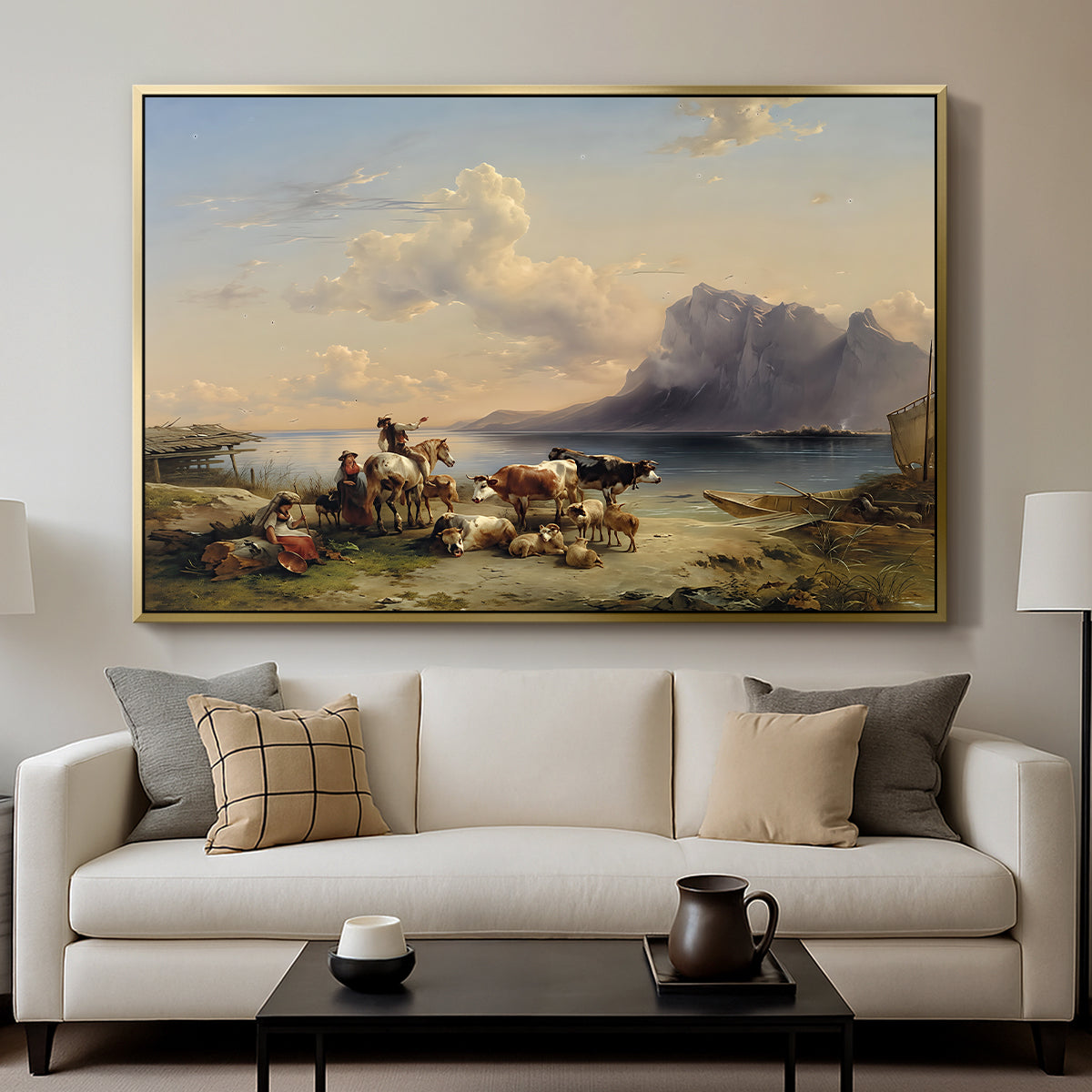 Shepherds and Cattle on Lake Attersee, 1852 - Floater Framed Canvas Print