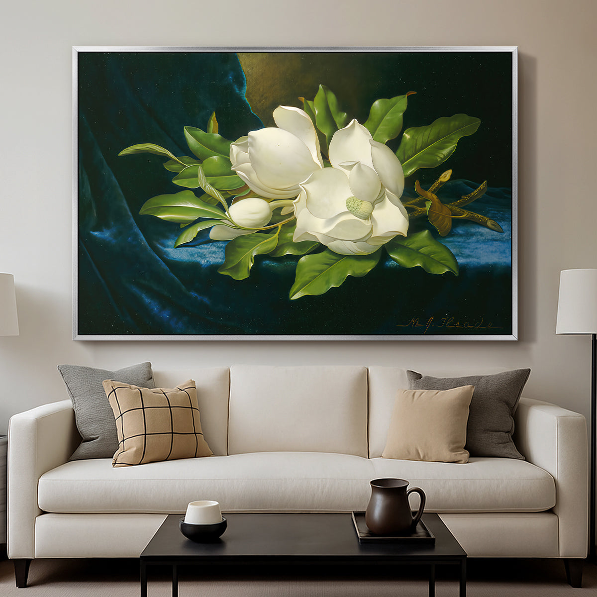 Giant Magnolias on a Blue Velvet Cloth, c. 1890 - Floater Framed Canvas Print