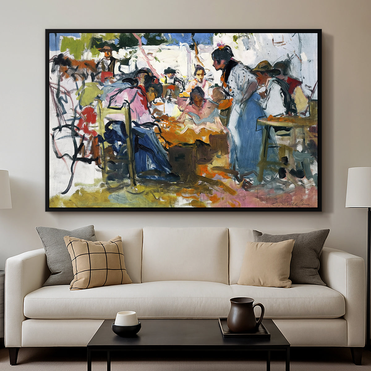 Net Menders in Valencia, 1909 - Floater Framed Canvas Print