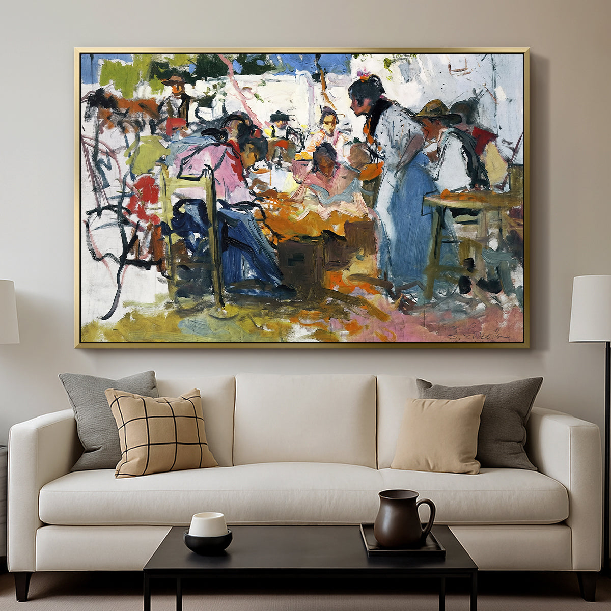 Net Menders in Valencia, 1909 - Floater Framed Canvas Print