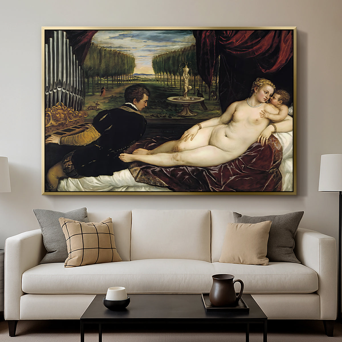Venus with an Organist and Cupid, c. 1555 - Floater Framed Canvas Print