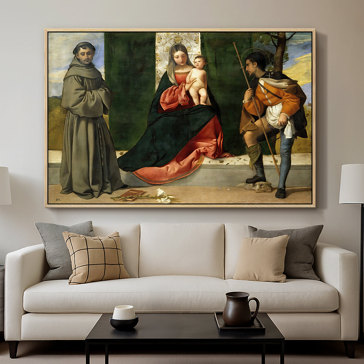 Madonna and Child with Saints Anthony of Padua and Roch, c. 1510 - Floater Framed Canvas Print