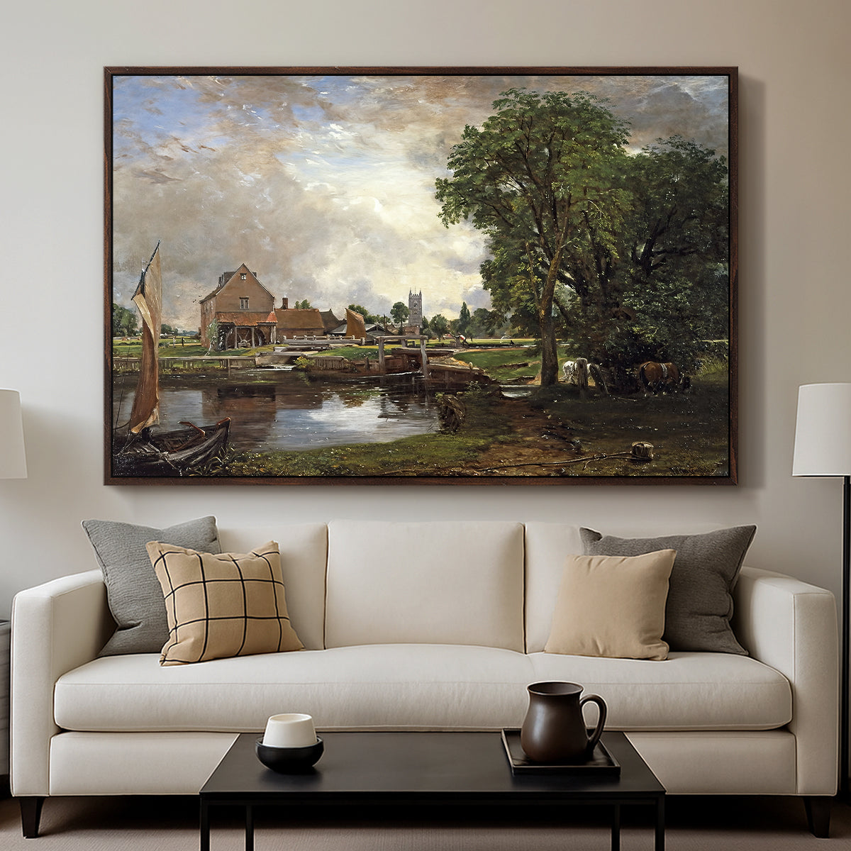 Dedham Lock and Mill, c. 1820 - Floater Framed Canvas Print