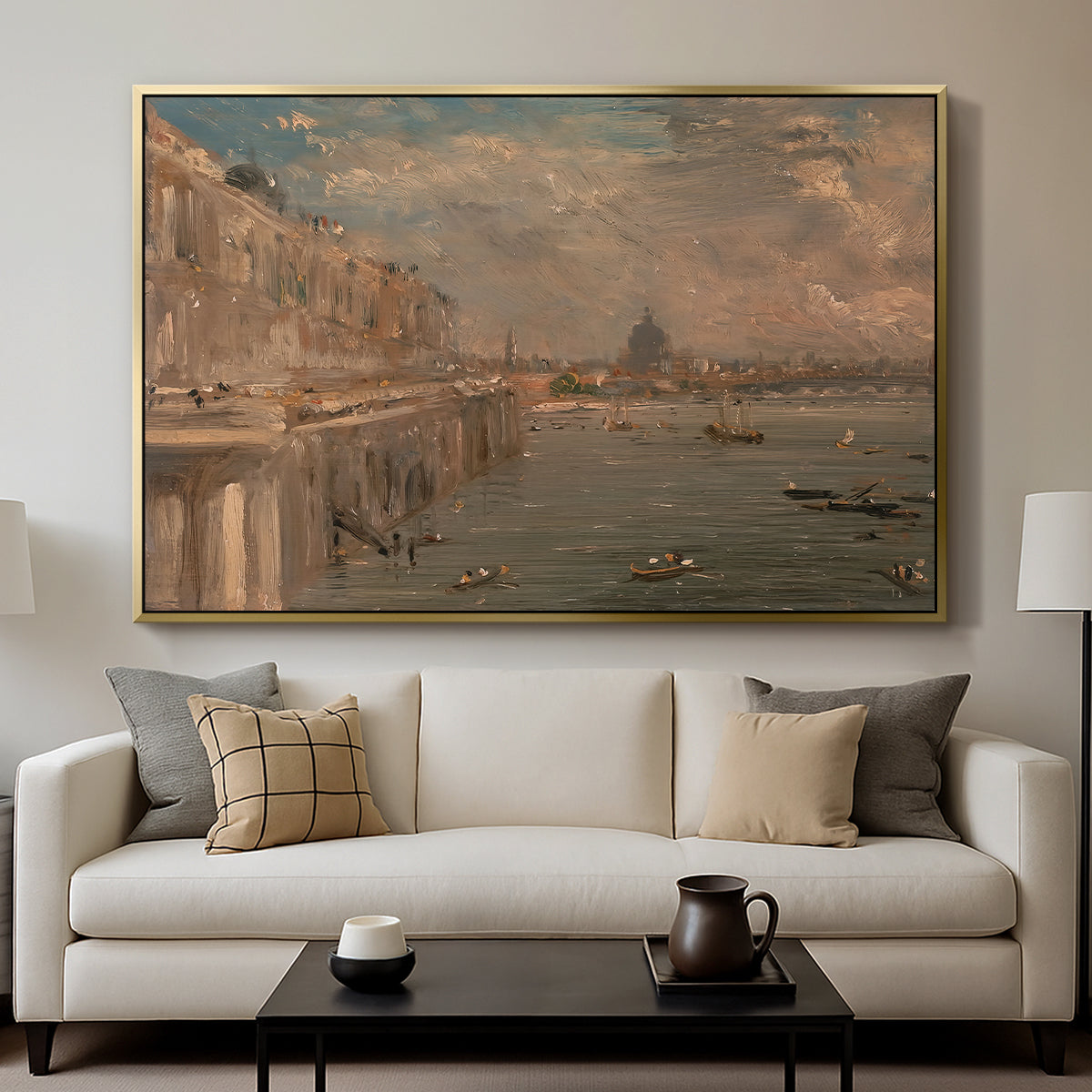 Somerset House Terrace from Waterloo Bridge, c. 1819 - Floater Framed Canvas Print