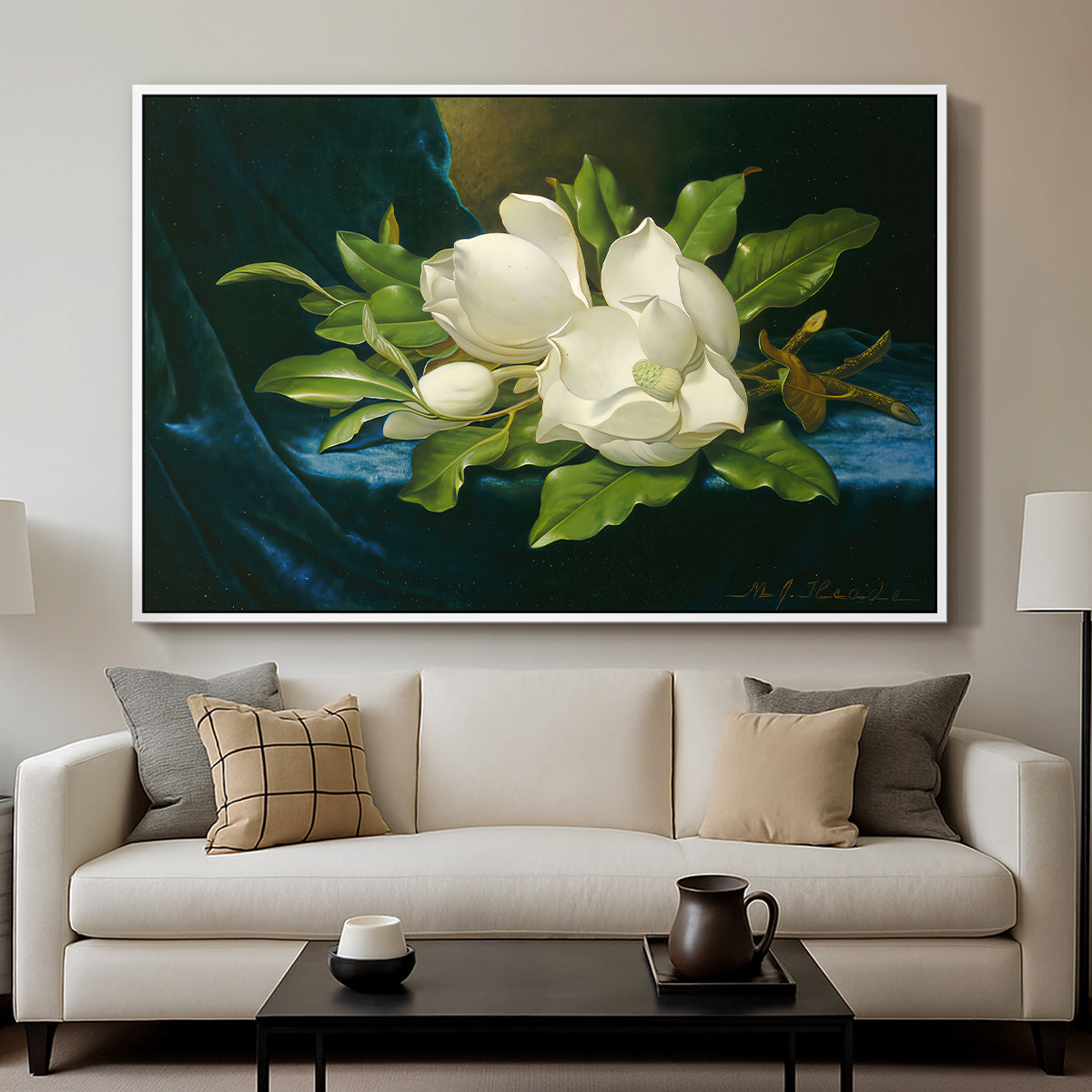 Giant Magnolias on a Blue Velvet Cloth, c. 1890 - Floater Framed Canvas Print